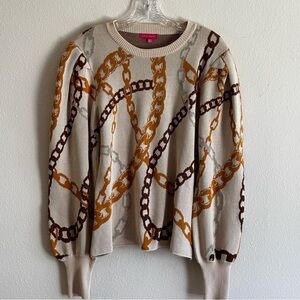 NWT Flying Tomato Cream and Brown Chain Print Knit Top Sweater  SZ L